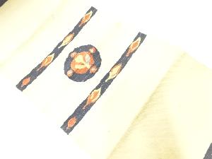 アンティーク　手織り紬横段に花模様織出し名古屋帯